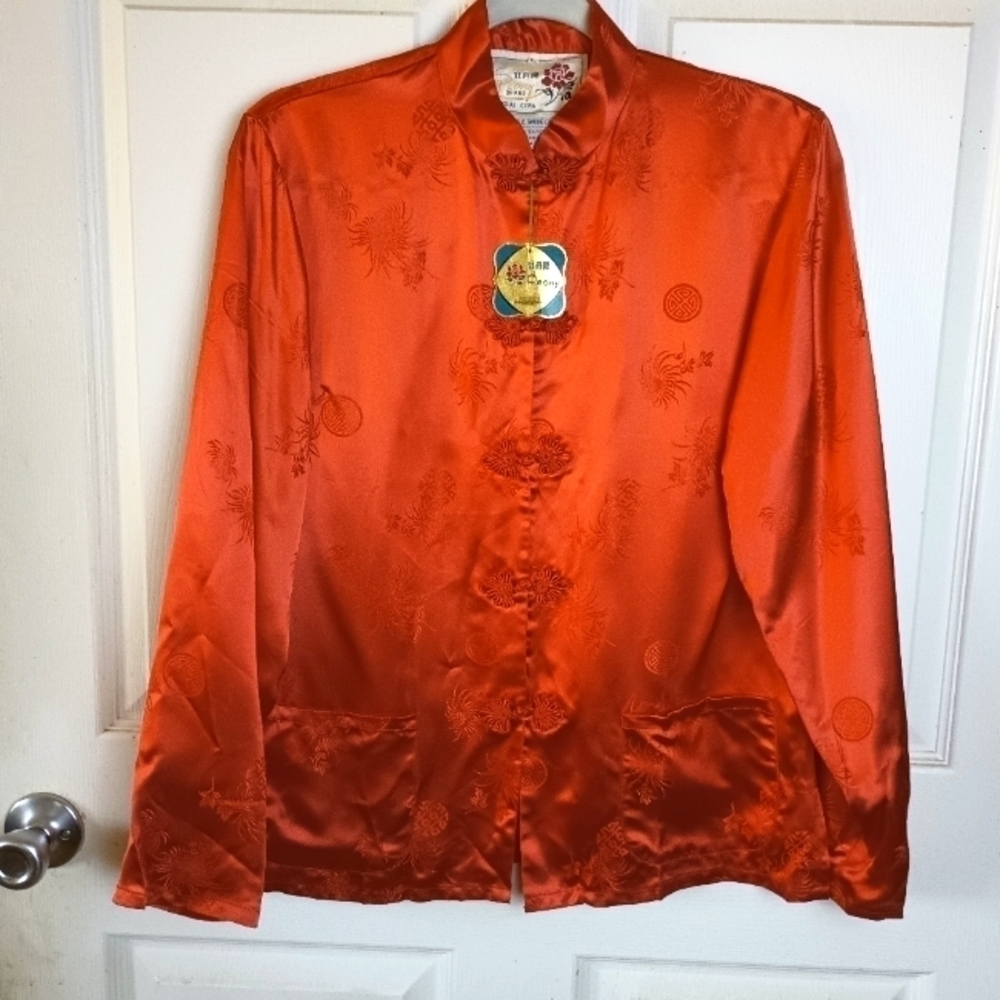VINTAGE Peony Red Button Down Blouse Traditional Mandarin Collar Shanghai China